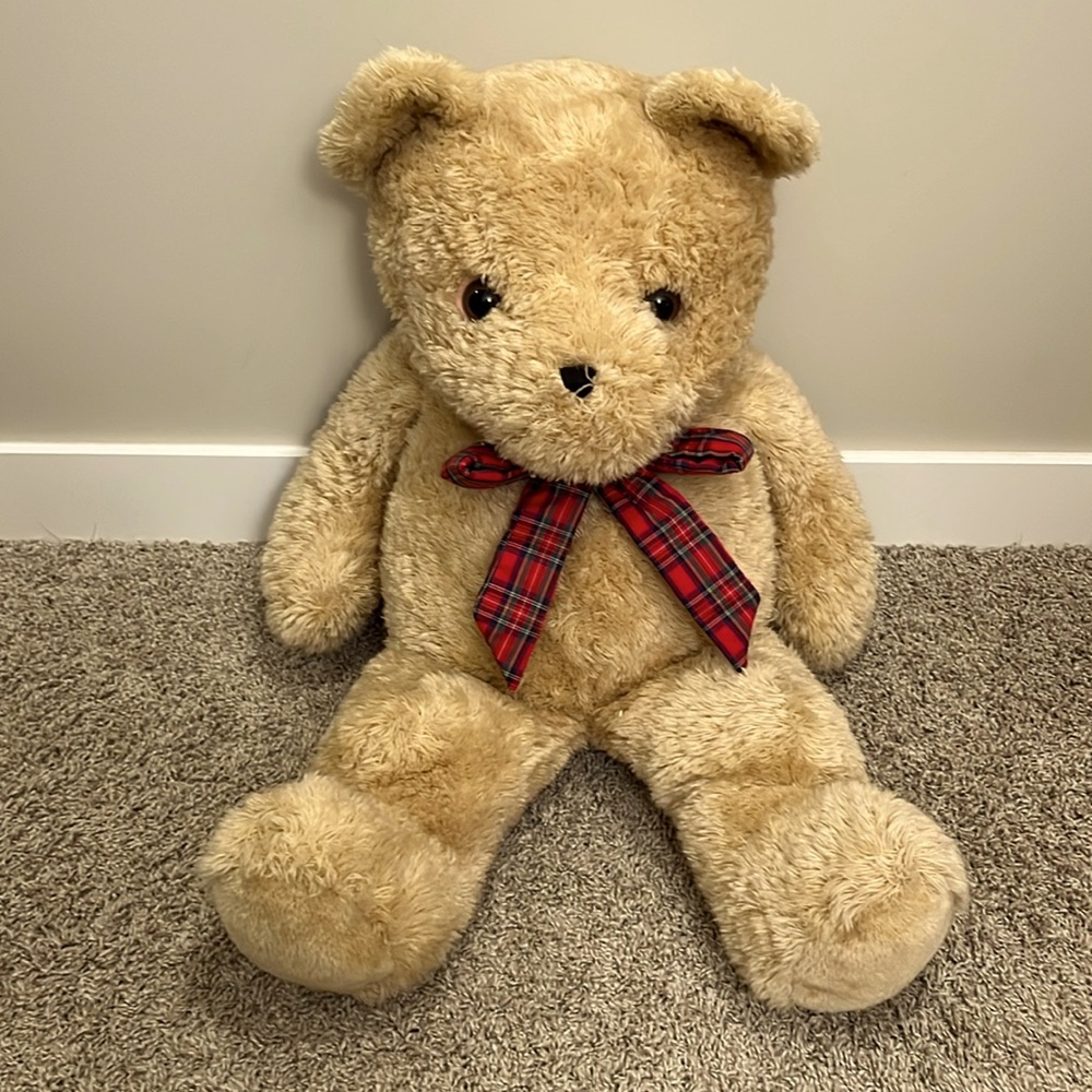 Teddy bear large light brown with plaid tie